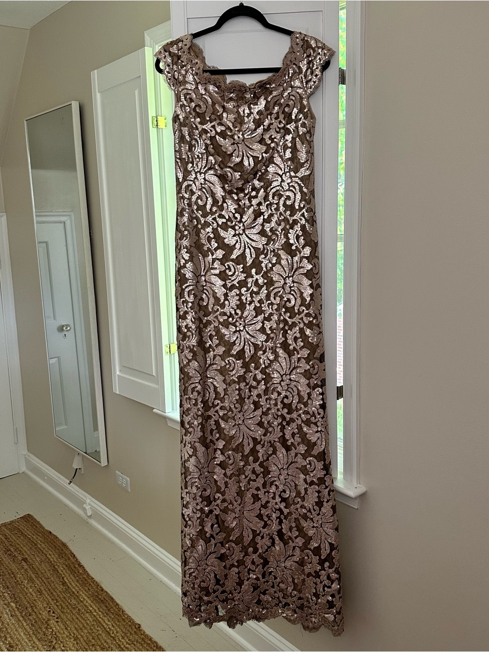 Tadashi Shoji Nude/Tan Evening Dress with Embroidered Detail